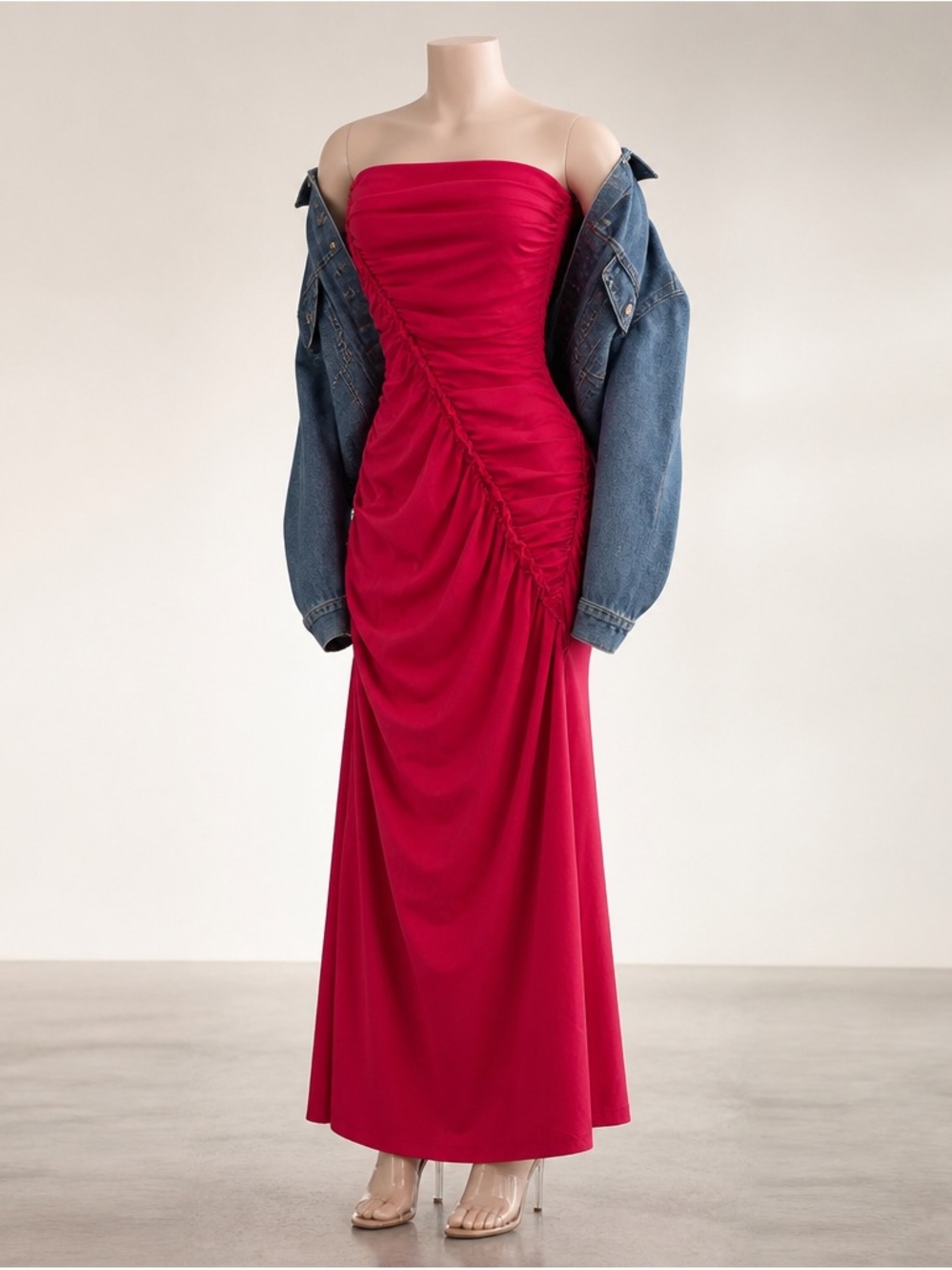 Strapless Ruched Fuchsia bandeau long dress from Anthropologie.